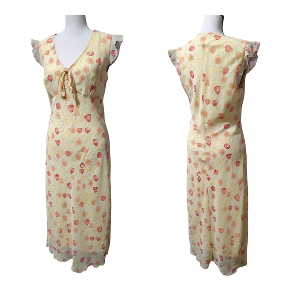 Vintage Fluttersleeved Windsor Spring Yellow Orange Ruffled Tiered Maxi Dress - Picture 1 of 7